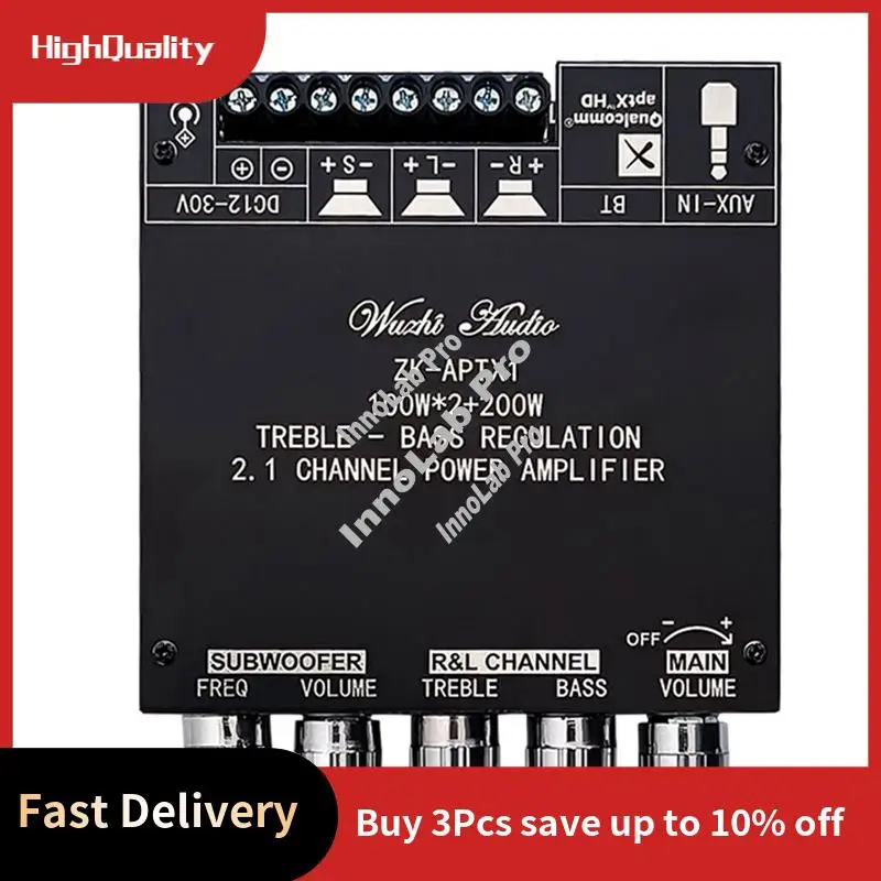 

ZK-APTX1 Цифровой усилитель Bluetooth 2,1-канальный усилитель Qualcomm BT, плата 100 Вт + 100 Вт + 200 Вт, басовый усилитель QCC3034 + TPA3221-A12I