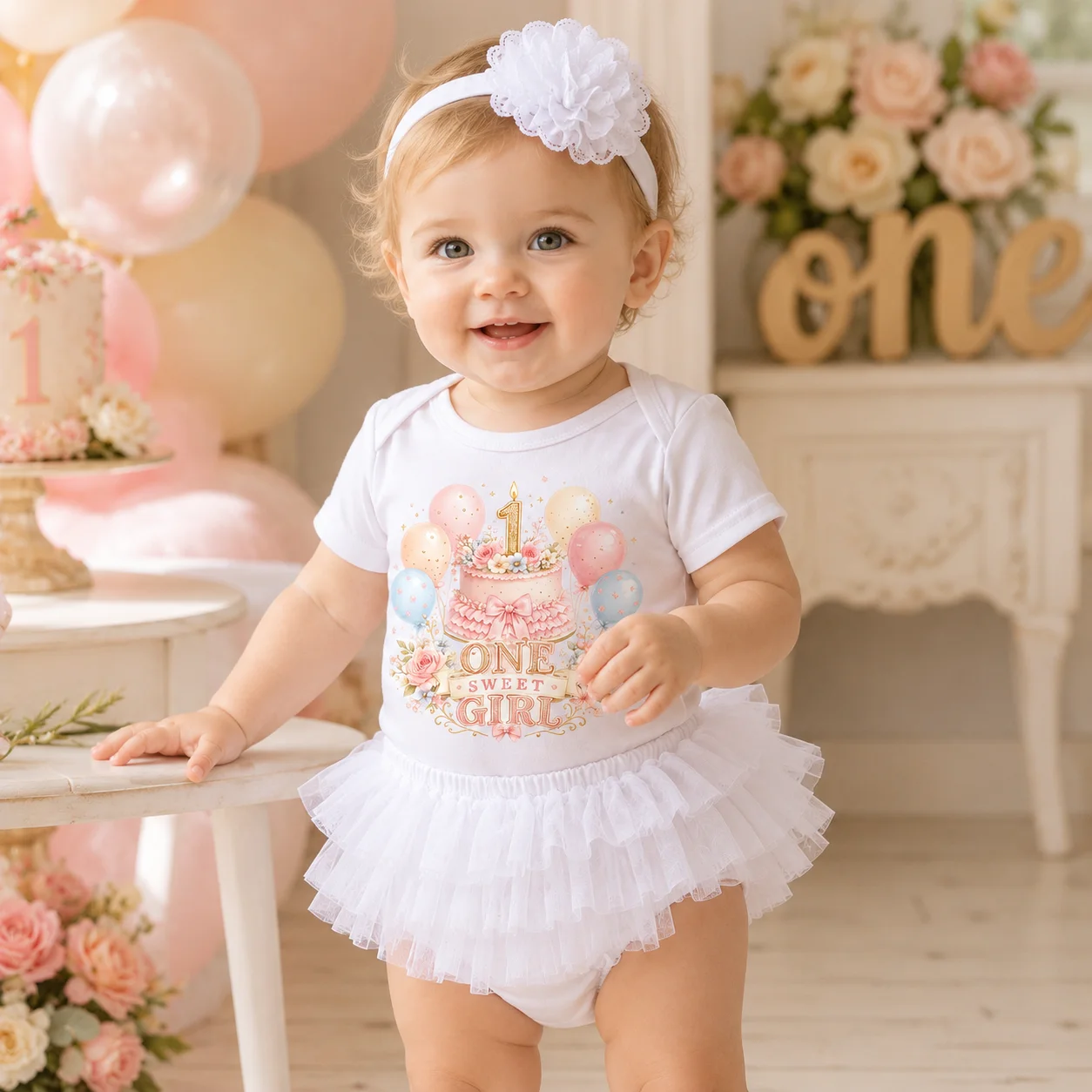 One Sweet Girl 1st Birthday Outfit Baby Girl Tutu Romper White Floral Headband Set Pink Cake Print First Birthday Party Costume