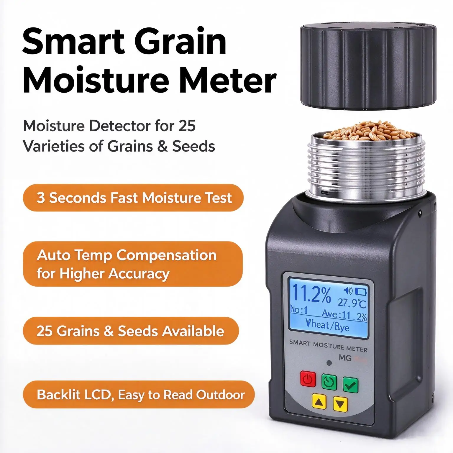 Grain Moisture Meter Coffee Bean Tester Voice Broadcast Backlight ±0.5% Accuracy 250 Data for Coffee Growers Roasters Farmers