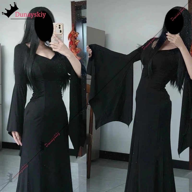 XXXL Wednesday Morticia Addams Cosplay Costume Halloween Sexy Dress Wig  Adult Women Punk Gothic Witch Lace Up Slim Gown Dress