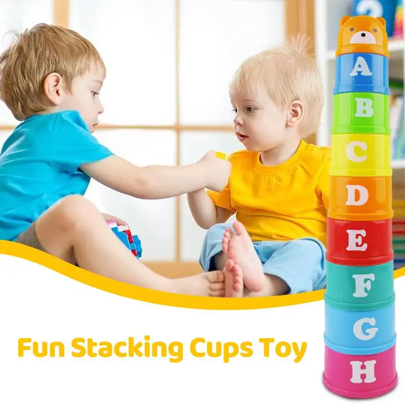 Stacking Cups Toy Early Educational Figures Letters Folding Stack Cup Tower Rainbow Cups Stacking Tower Montessori Toys for Kids