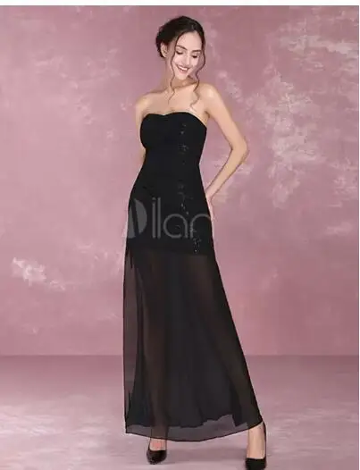 

Strapless Chiffon Bridesmaid Dress Spring Summer Sexy Black Women Elegant High Slit Sequins Long Evening Gowns Dresses