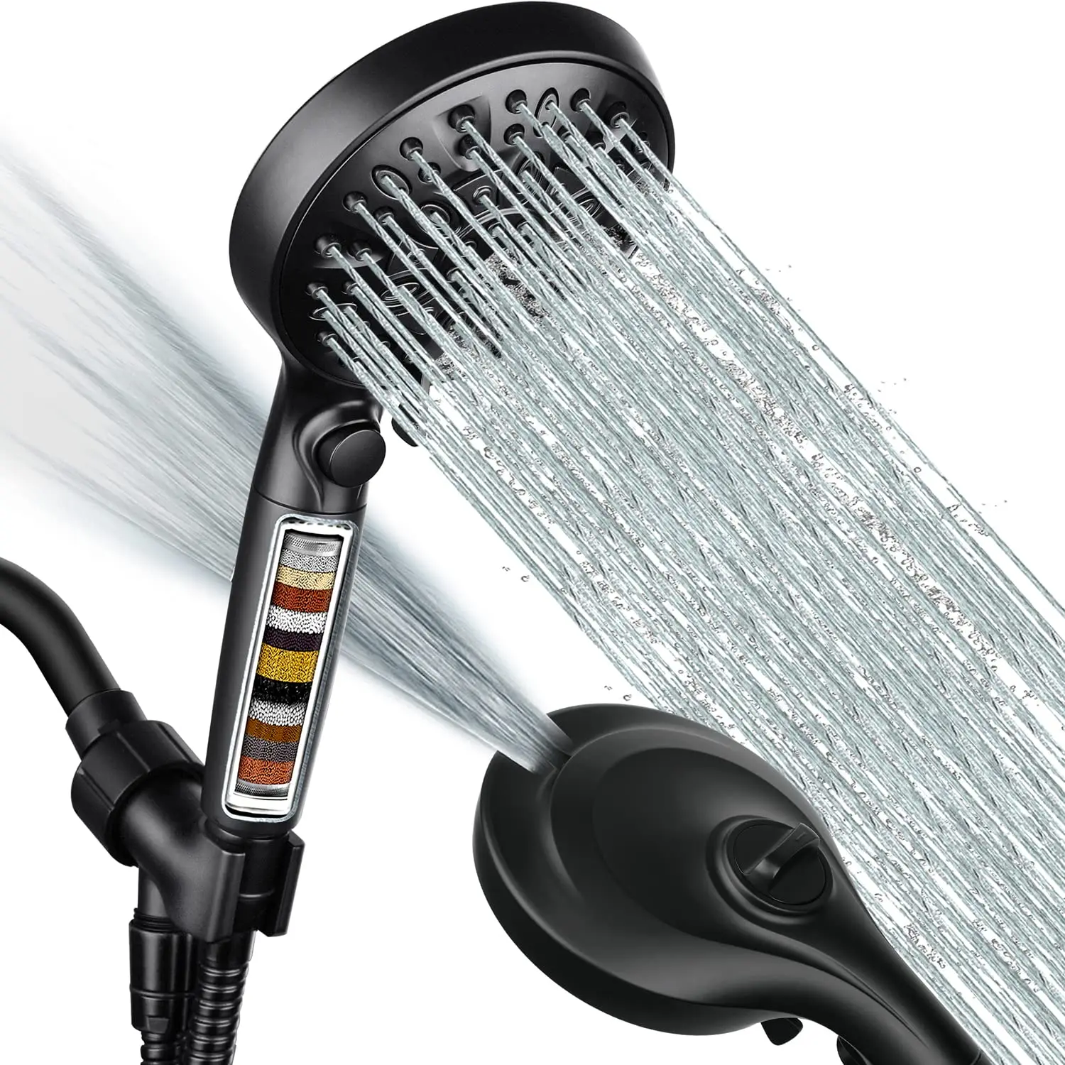 

Filtered Handheld Shower Head 9 Spray Modes 2.5 GPM High Pressure With On Off Switch 15 Stage Water Softener Filter