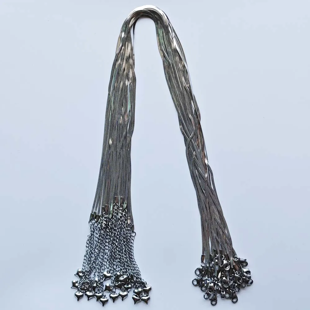 2mm Stainless Steel Snake Flat Chain Necklaces 40cm+5cm with Heart and Lobster Clasp DIY Jewelry Accessories Wholesale 25pcs