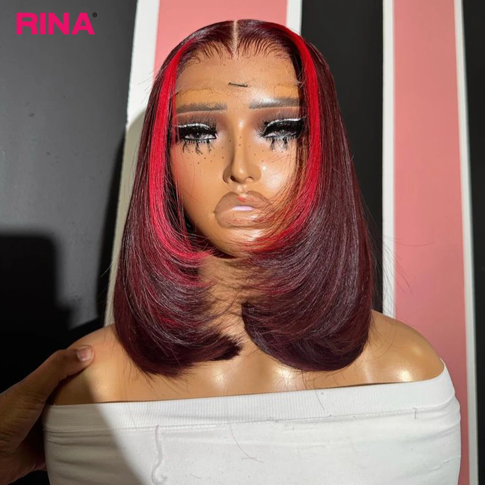 Peluca de cabello humano liso de 13x4 para mujer, postizo de encaje frontal con corte Bob, color burdeos oscuro y rojo, densidad de 180%,