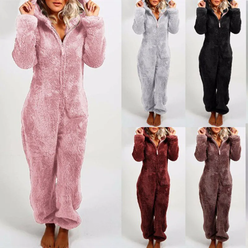 Winter Warm Pyjamas Adult Child Women Onesies Fluffy Fleece Jumpsuits Sleepwear Overall Hood Sets Pajamas Hooded