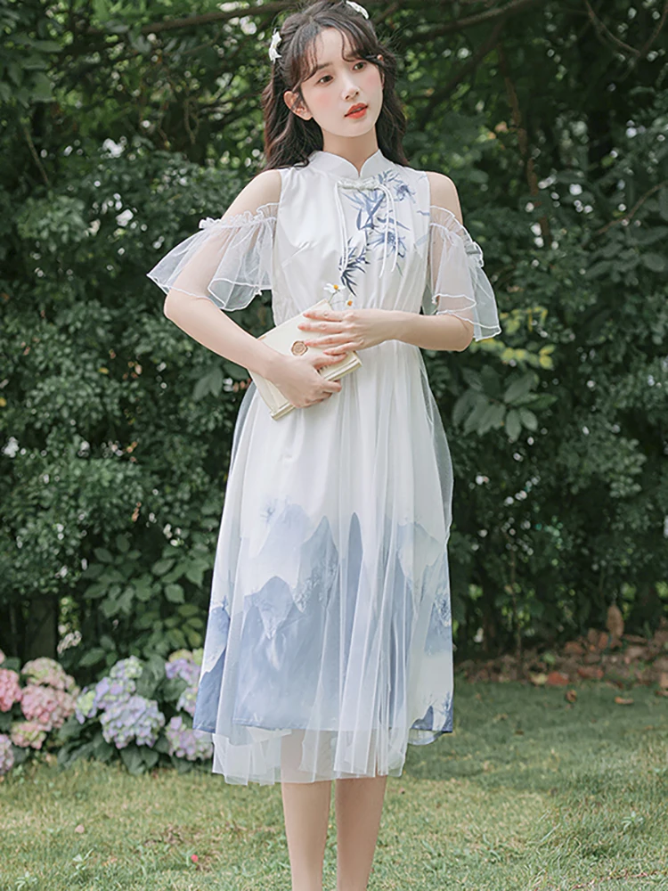 レディースファッション プリント パッチワーク メッシュ ミディ丈ワンピース 夏 オフショルダー シック カジュアル ホリデーワンピース 2025 韓国ファッション ボディコン ドレス