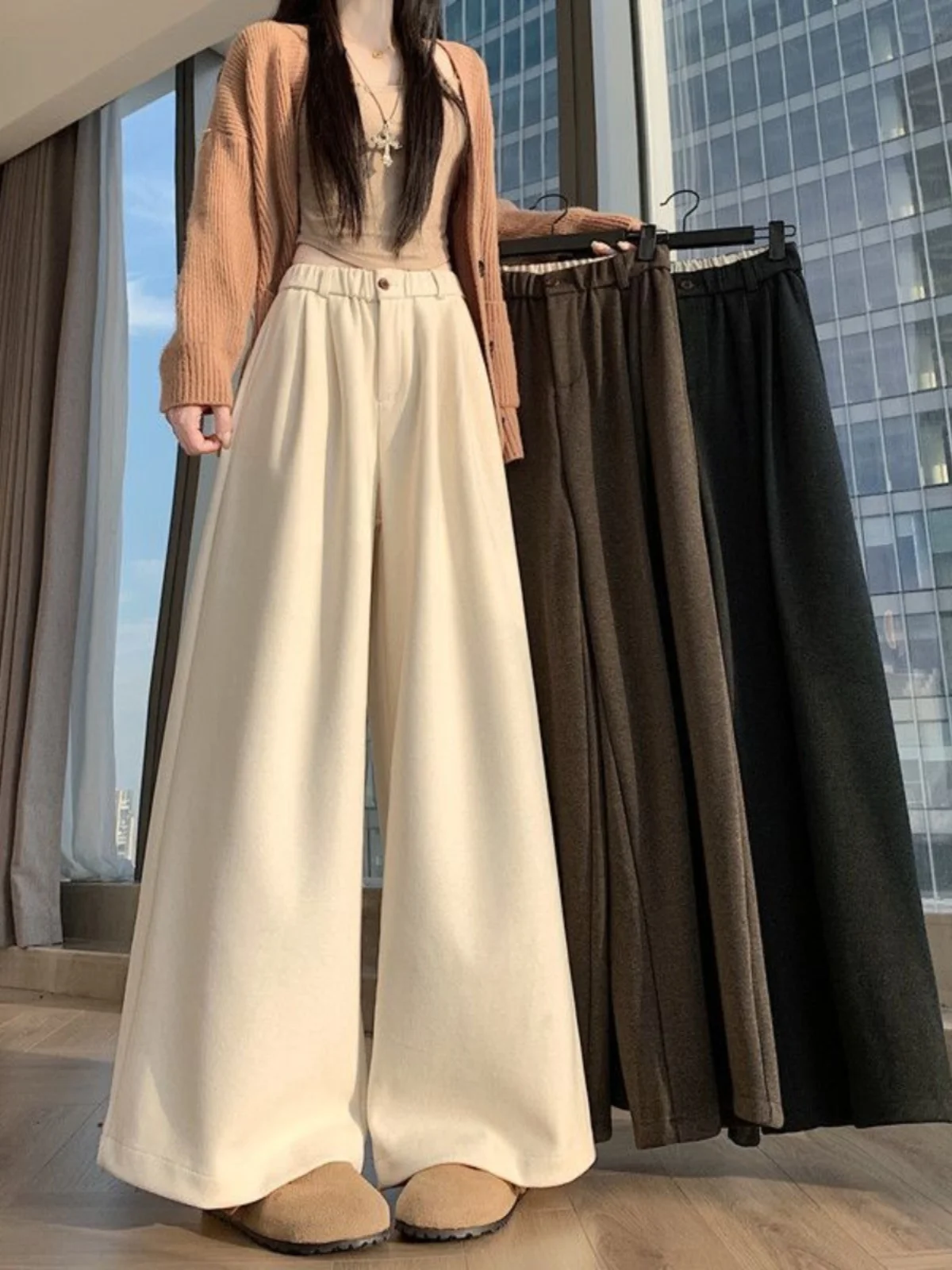 

High Waist Wide Leg Woolen Casual Pants Women's Autumn Winter Slimming Pleated Straight Tube Long Trousers Faionable plus Size