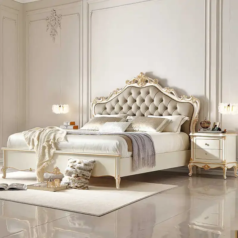 

French Solid Wood Double Bed Luxury Master Wedding King Size Room Double Bed Twin Modern Queen Cama Casal Bedroom Furniture