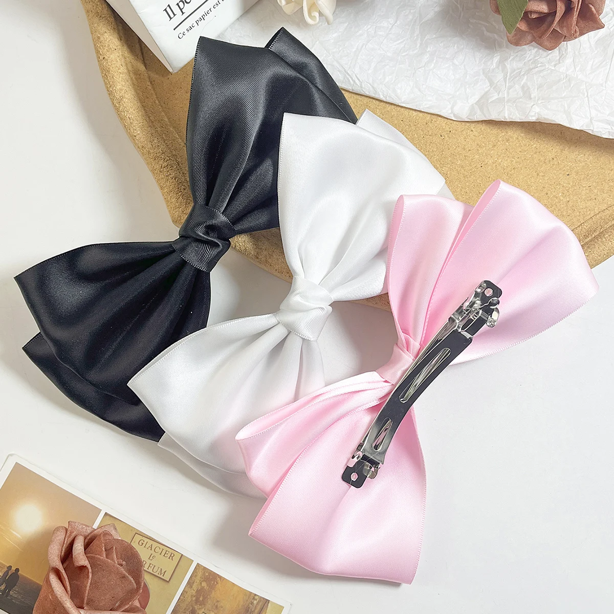 Elegant Bow Ribbon Hair Clip Black Pink White Large Bow Ribbon High Quality Simple Hair Clip Girls Women Hair Accessories