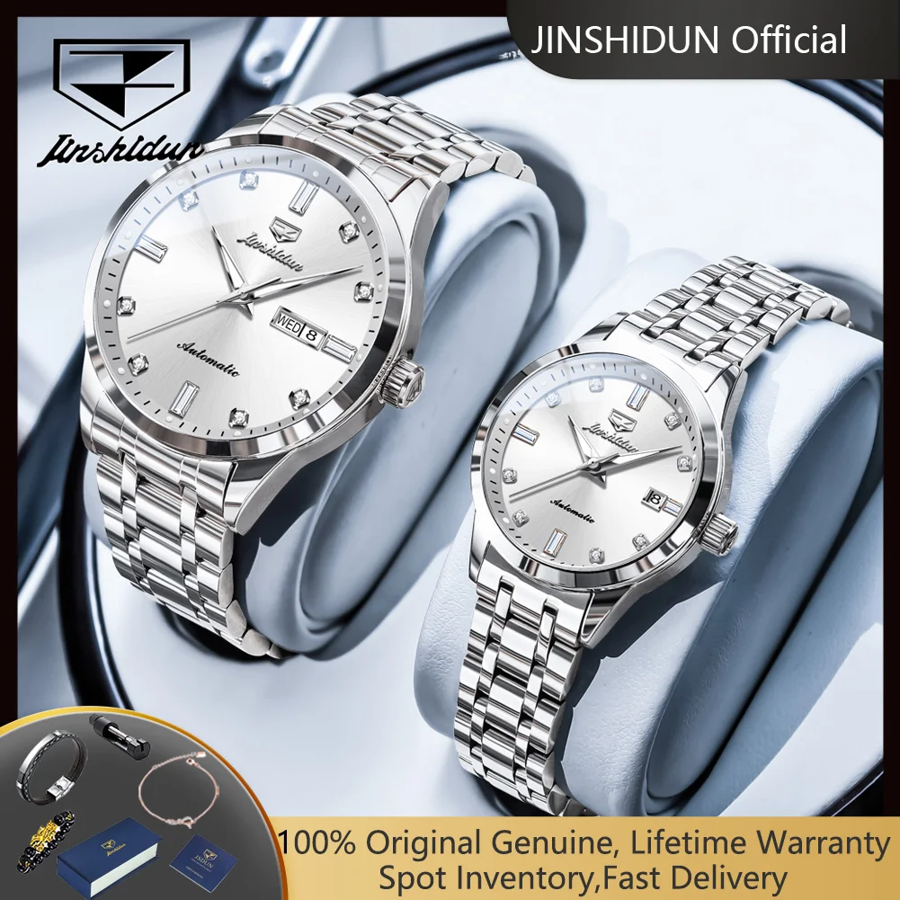 JSDUN 8841 Couple Watches for Men Women Stainless Steel Simple Luxury Dual Calendar Business Automatic Mechanical Wristwatches