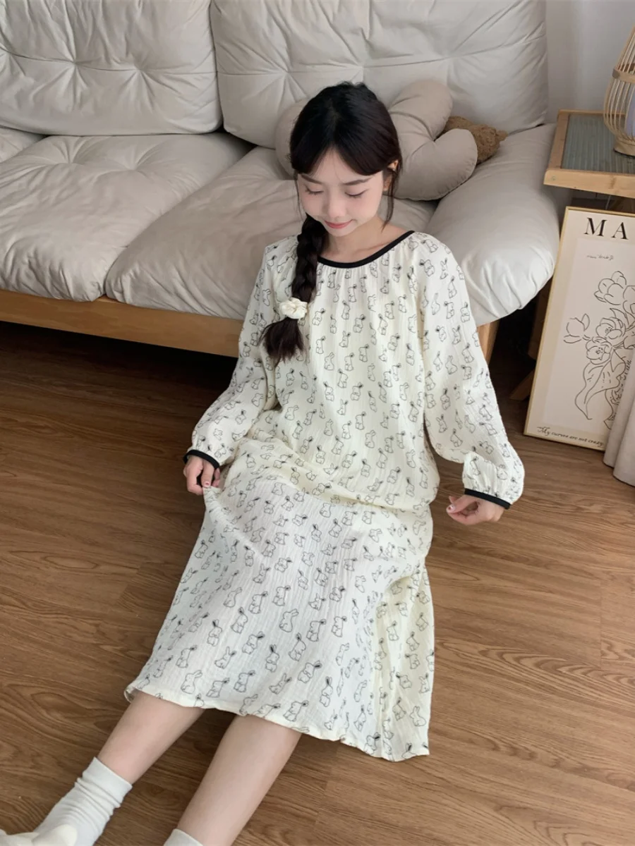 

Cute Cartoon Rabbit Long Sve Cotton Nightgown Women's Summer New Large Size Pure Cotton Long Dr Home Wear Dr