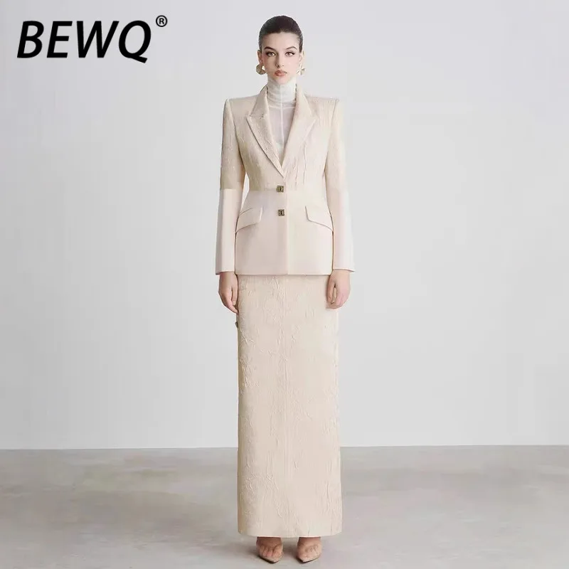 

Модный женский комплект BEWQ из 2 предметов: пиджак с отложным воротником на одной пуговице и юбка с завышенной талией, однотонный, для вечеринок, весна 2026, новинка