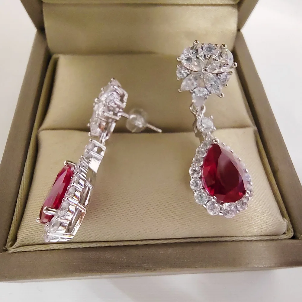 7*10MM Ruby 925 Earrings Woman OL Style Sterling Silver Jewelry Anniversary Birthday Party Gift