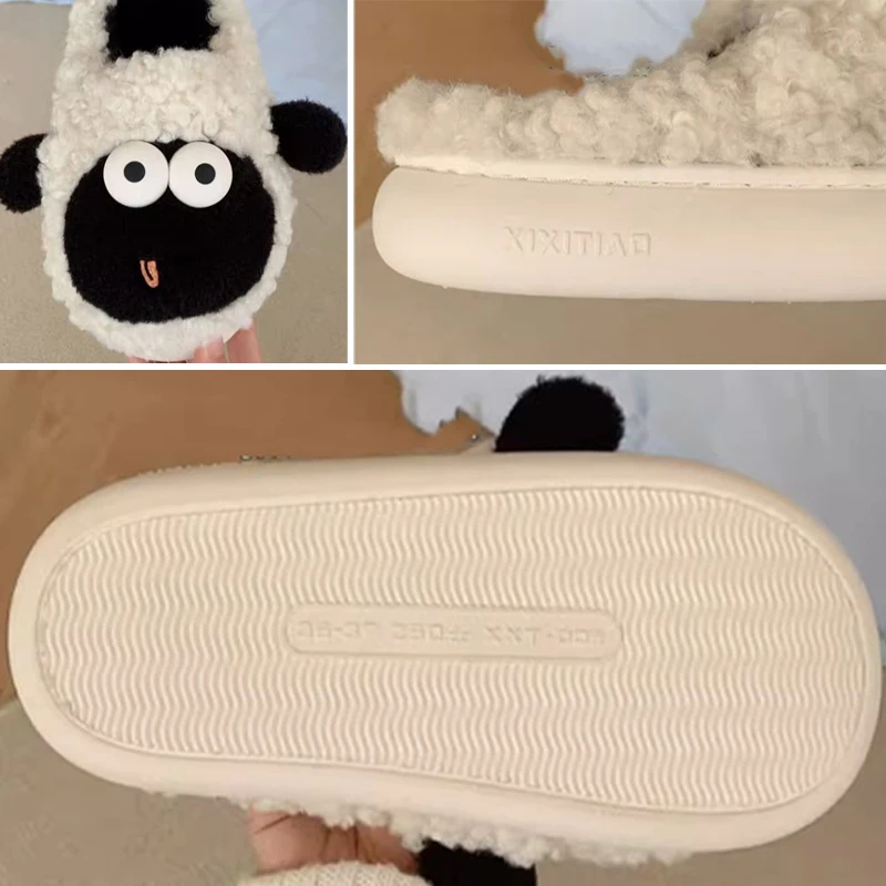 Fun And Cute Little Sheep Cotton Slippers For Home Use Non Slip And Warm Plush Shoes For Women\'s Winter Slippers