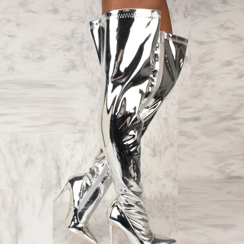 Women Boots Mirror Platform Pointy Toe Punk High Thin Heels Over The Knee Long… - Image 2