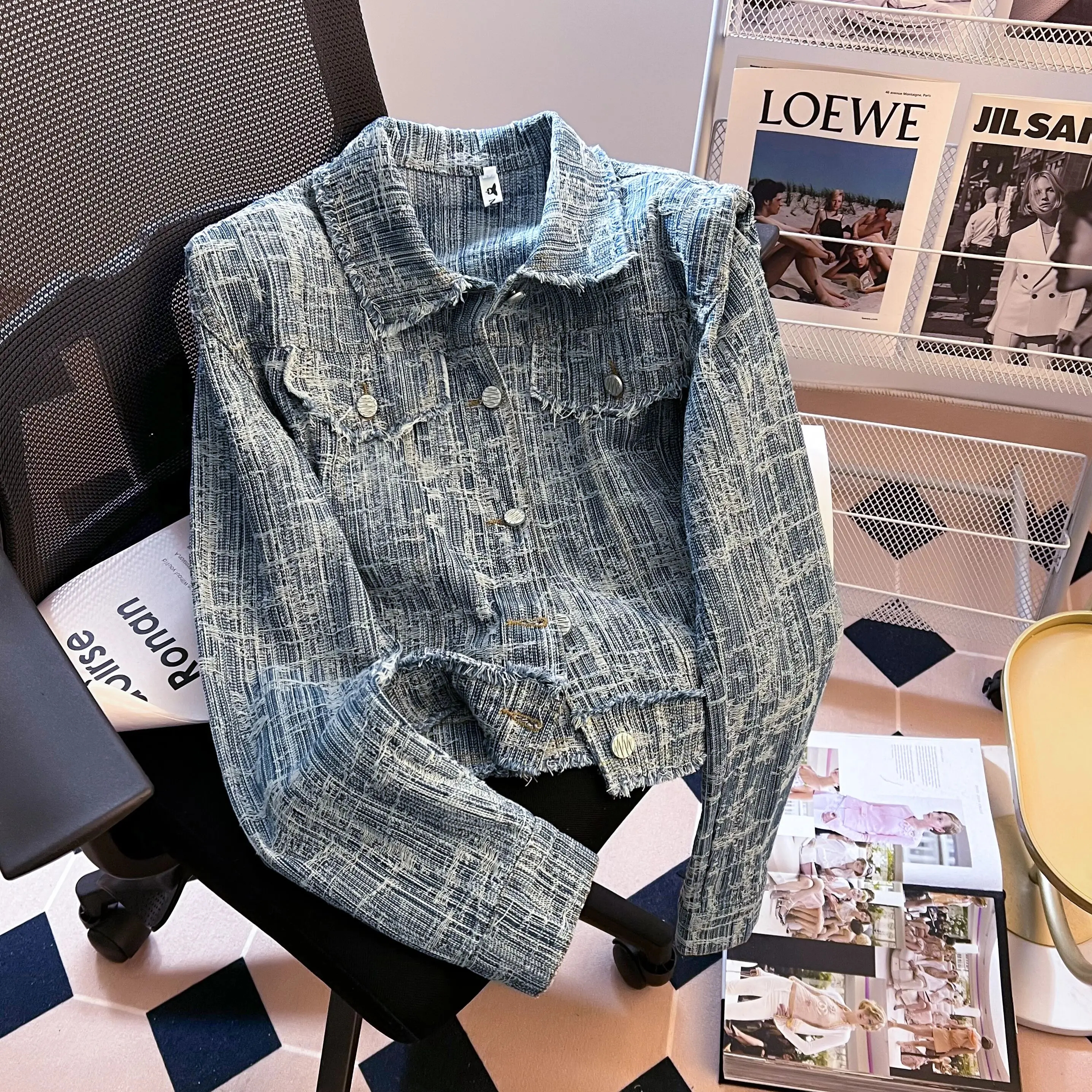Elegant Patchwork DENIM แจ็คเก็ตแฟชั่นเดี่ยวขอบดิบสั้นเสื้อผู้หญิงฤดูใบไม้ผลิฤดูใบไม้ร่วง Turndown COLLAR หลวม TOP