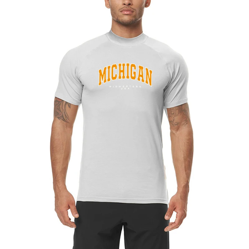 Men's Turtleneck Short Sleeves Tight Sport Tops Gyms Bodybuilding Quick Dry T-Shirt Fashion Michigan Midwestern USA Print Shirt