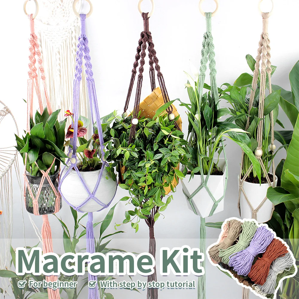 Knitting Plant Hanging Basket Macrame Kit with Tutorial for Beginners DIY Handmade Weaving Kit Mesh Hang Basket for Home Decor