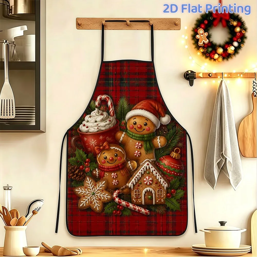 1pc Christmas Kitchen Apron, Festive Gingerbread for Man & Winter Holiday Scene on Red Plaid Background, Polyester Apron
