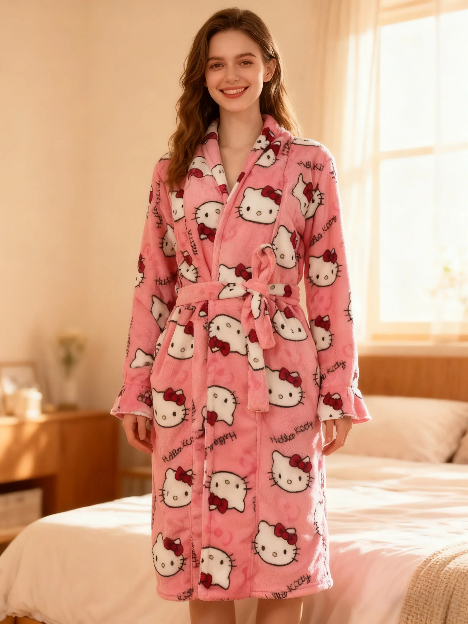 

Женский зимний фланелевой халат Hello Kitty 2025, плюшевая уютная одежда для сна, домашняя одежда для дома, мягкая, теплая, удобная