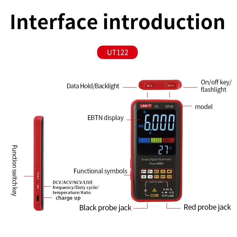 UNI-T UT122 Digital Smart DC/AC Voltage Multimeter Capacitor Diode NCV Auto Range Tester with Flashlight Backlight