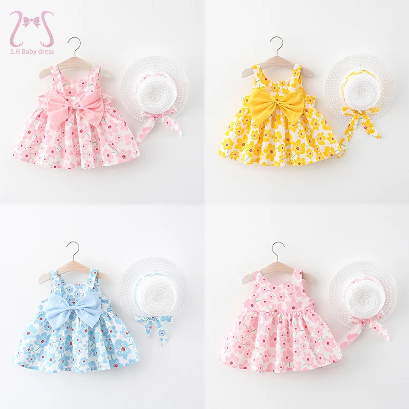 2Pcs/Set Bow Baby Girls Summer Sweet Flower Fashion Sling Dress Toddler Children Clothes Suit New Born Kids Costume 0 To 3 Years