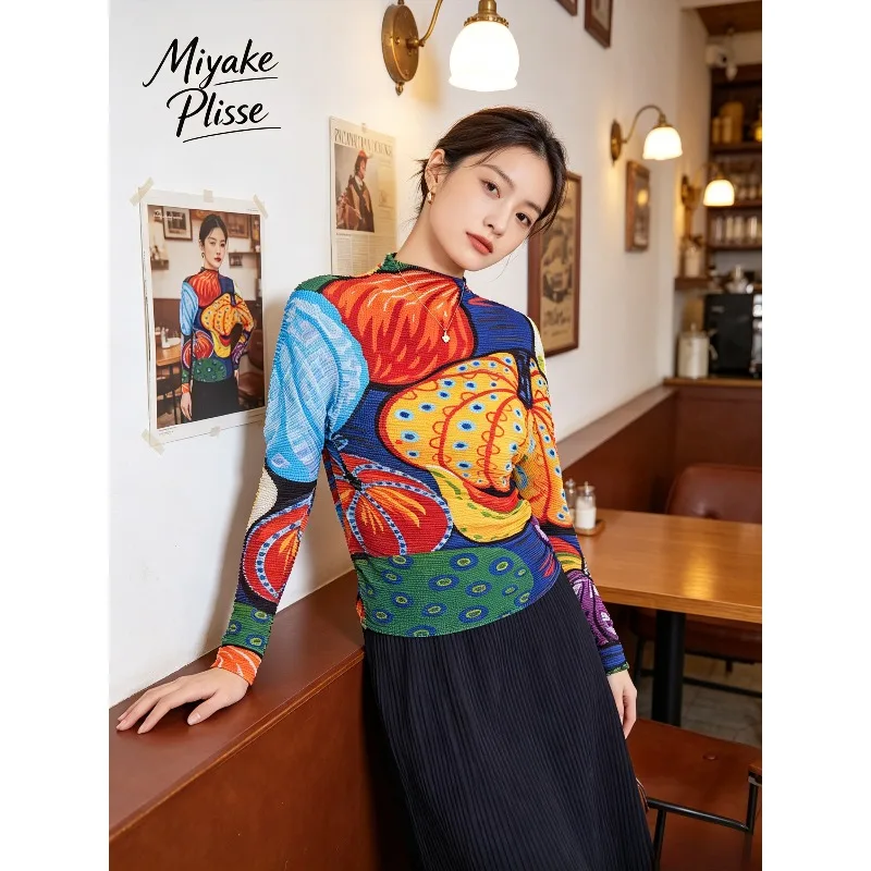 Miyake Pleated 2026 Autumn New Abstract Creative Pleated Print Long Sleeve Half High Neck Slim Fit Inner Layer Top for Women