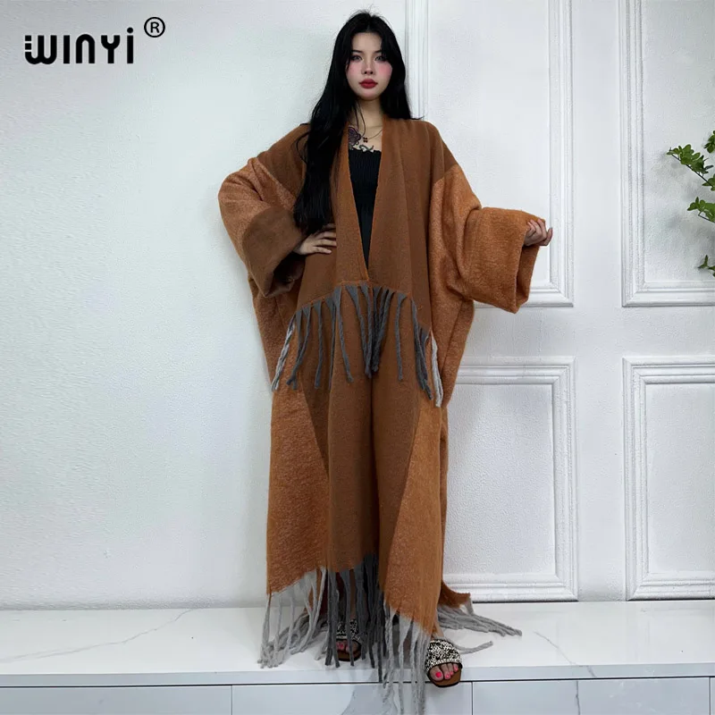 

WINYI new winter clothes women 2023 tassels Luxury Fur Loose OverCoat Thick Warm long down coat Europe cardigan winter abaya