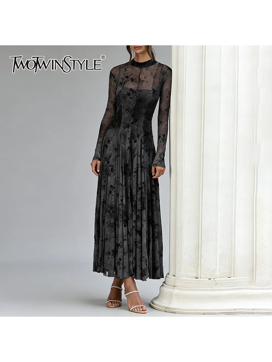 

TWOTWINSTYLE однотонные бархатные платья для похудения с принтом для женщин, элегантное платье с круглым вырезом и длинными рукавами в стиле пэчворк, новое женское платье