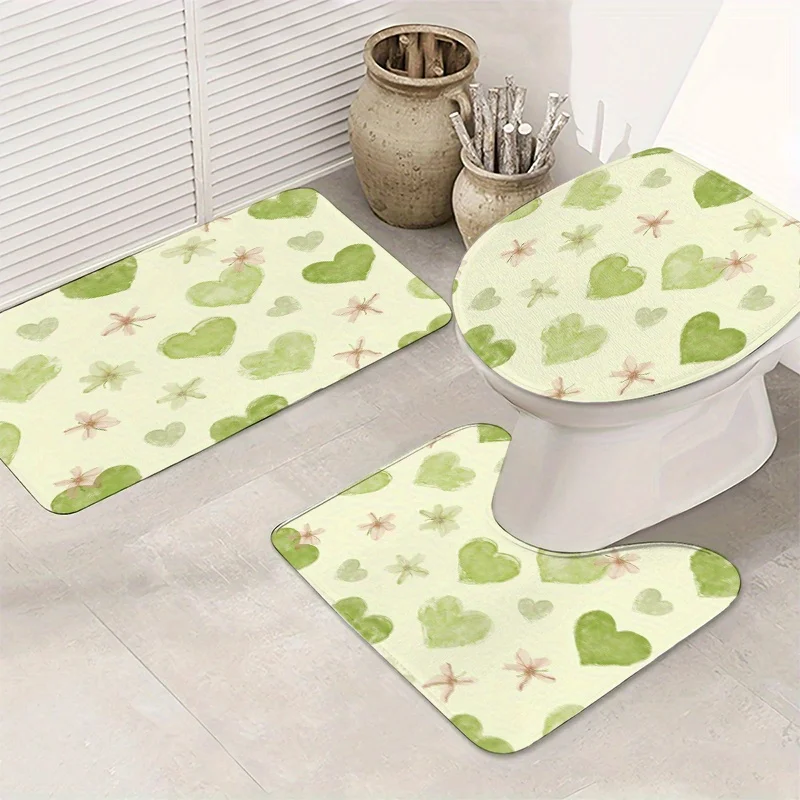 

Green Heart 3pc Bath Set – Modern Minimalist Design, Toilet Lid Cover, U Mat & Floor Rug with Floral Pattern
