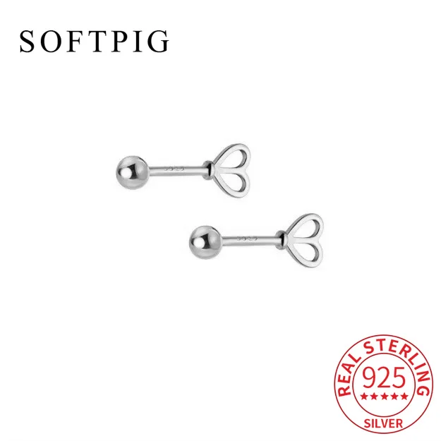 

SOFTPIG Real 925 Sterling Silver Hollow Heart Piercing Screw Bead Mini Stud Earrings For Women Classic Fine Jewelry Accessories