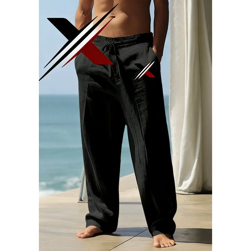 

2025 Spring/Summer New Men Geometric Printed Cotton Breathable Pants Outdoor Leisure Beach Vacation Comfortable Wide Leg Pants