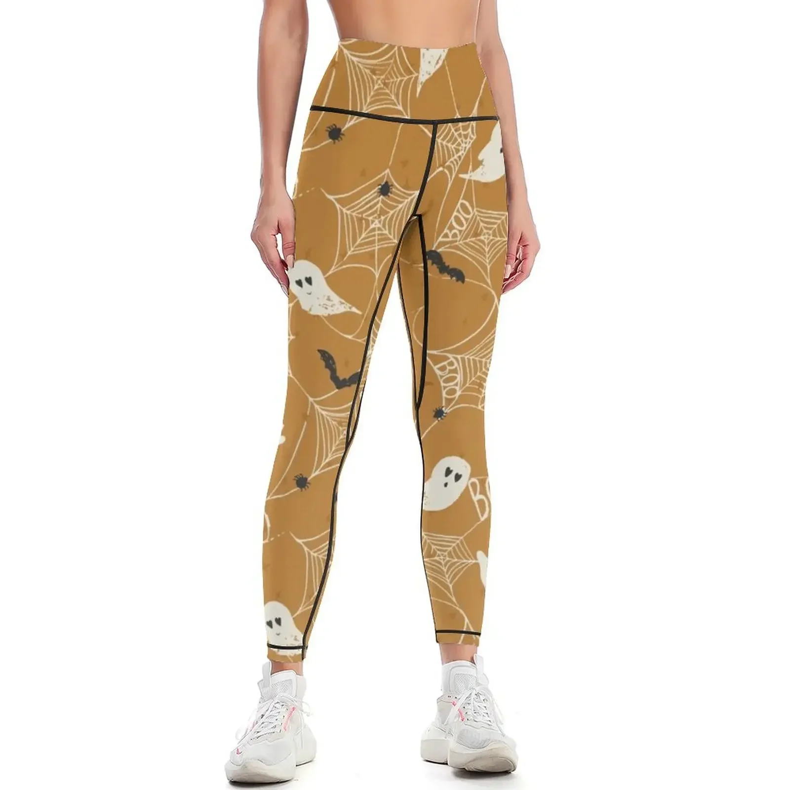 Cute Halloween Spooky Ghosts, Bats, and Spiders in Orange Leggings flared Clothing fitness fitness set gym Womens Leggings