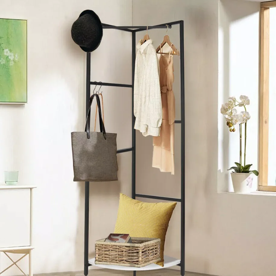 Freestanding Metal Corner Coat Rack Entryway Clothes Hanging Rail