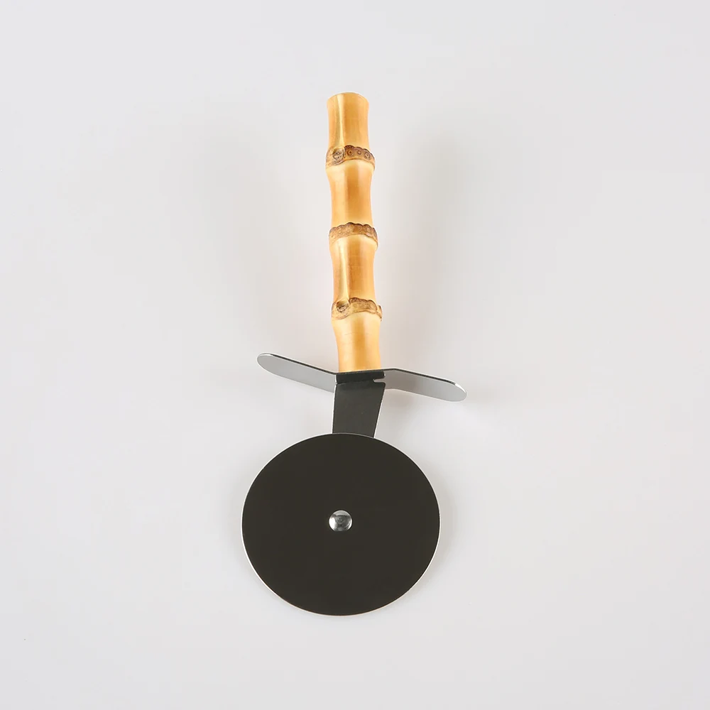 Kitchen Baking Tool Stainless Steel Natural Bamboo Root Wooden Handle Dessert Pies Cheese Bread Roller Slicer Pizza Wheel Cutter