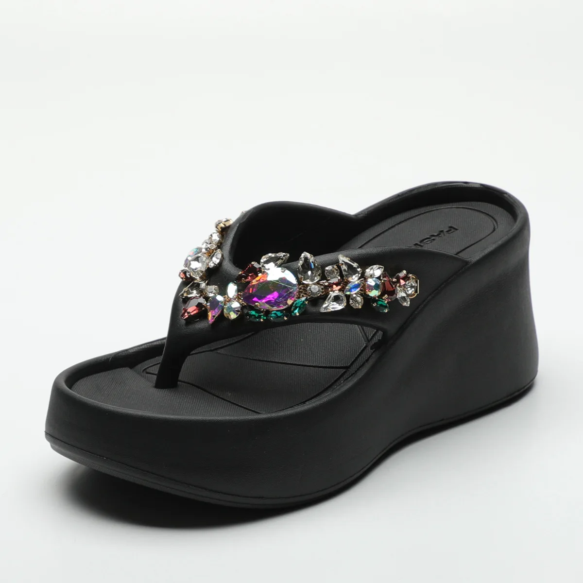 Premium sense of black clip feet slope heel rhinestone flip-flops female summer outside wear non-slip fashion beach sandals drag