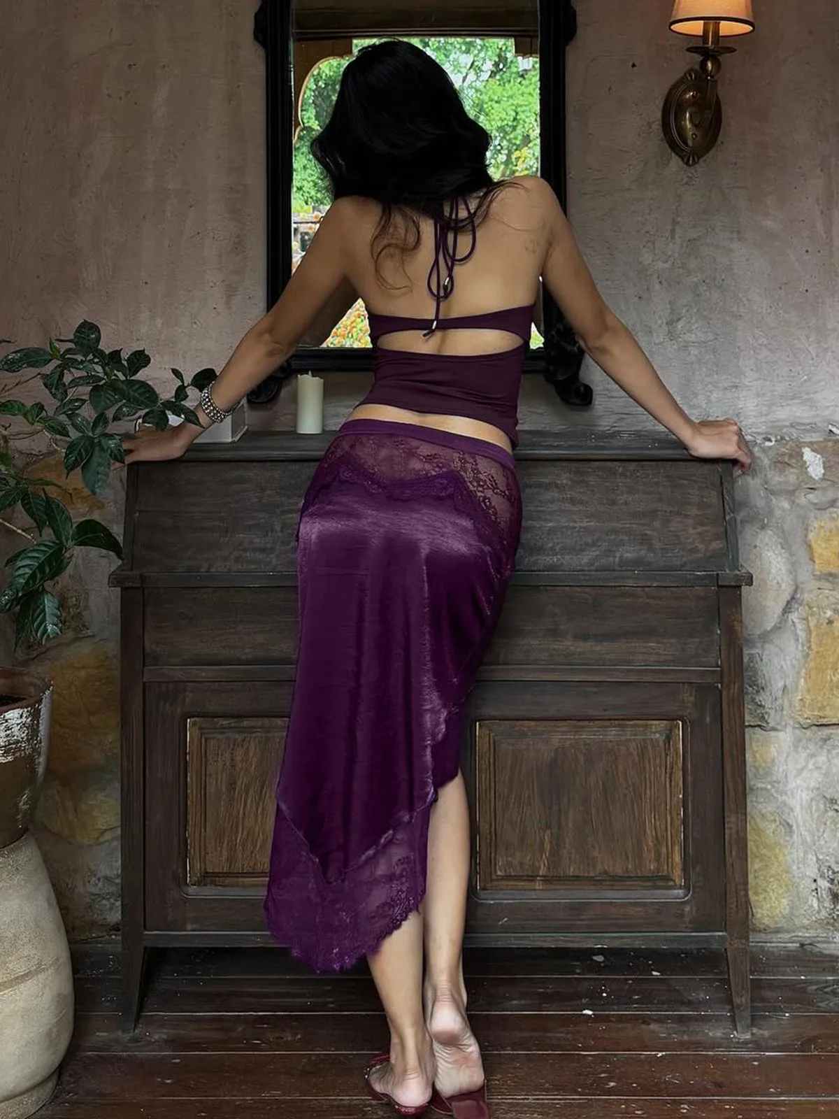 Casual Mid-Low Waist Straight Leg Pants PVC Material Lace Splicing Irregular Half Skirt Set Hanging Neck Top Pure Color