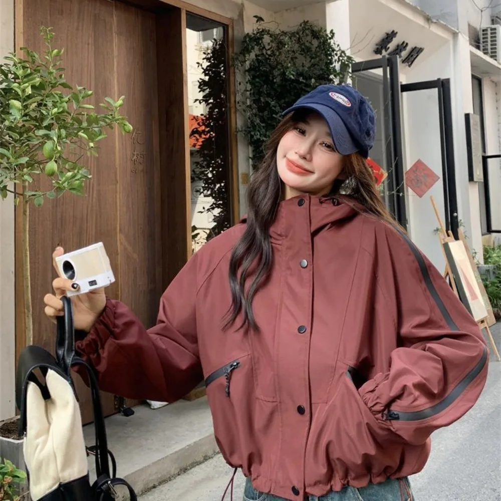 Ankola Red Hooded Tooling Jacket Women's Spring And Autumn 2026 New Small Popular Fashionable Fashion Trench Coat Black