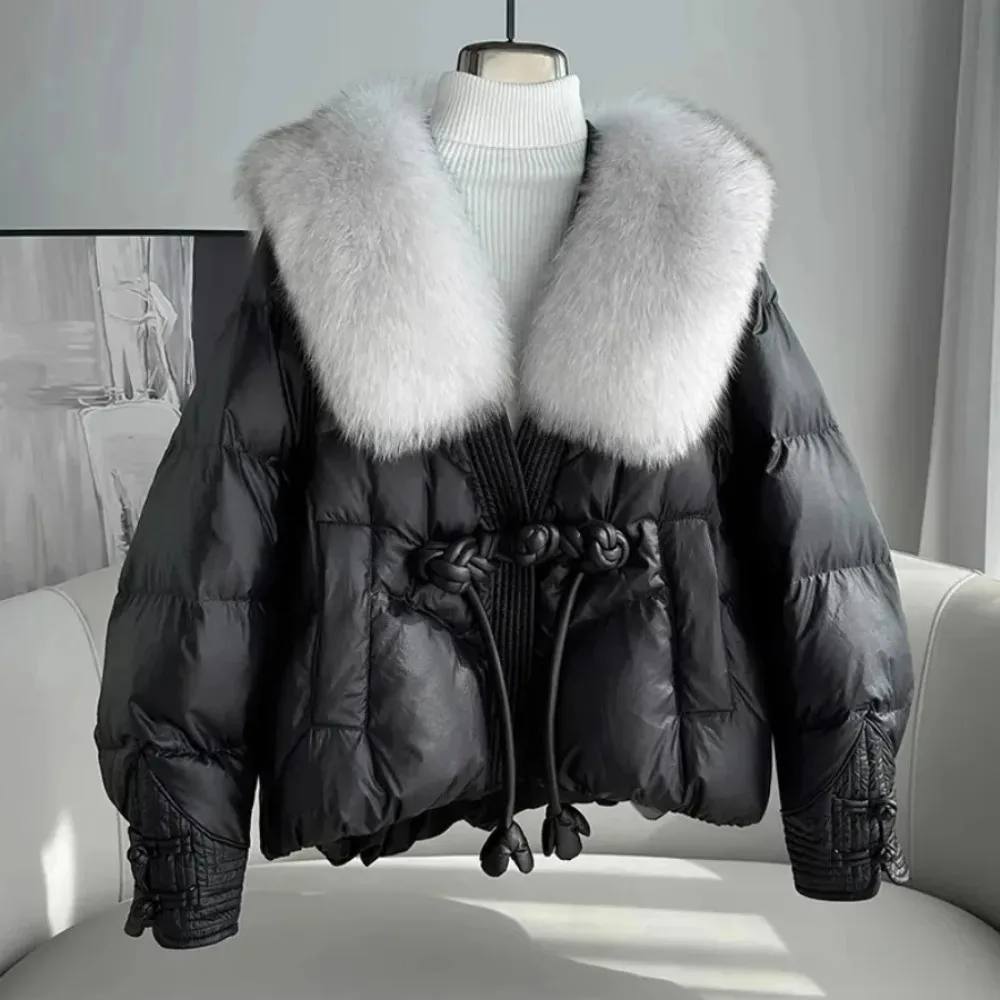 Chinese Style Down Jacket Women Large Natural Real Fox Fur Collar Warm Coat 2024 New Fashion Thick Snow Windproof Parkas Female