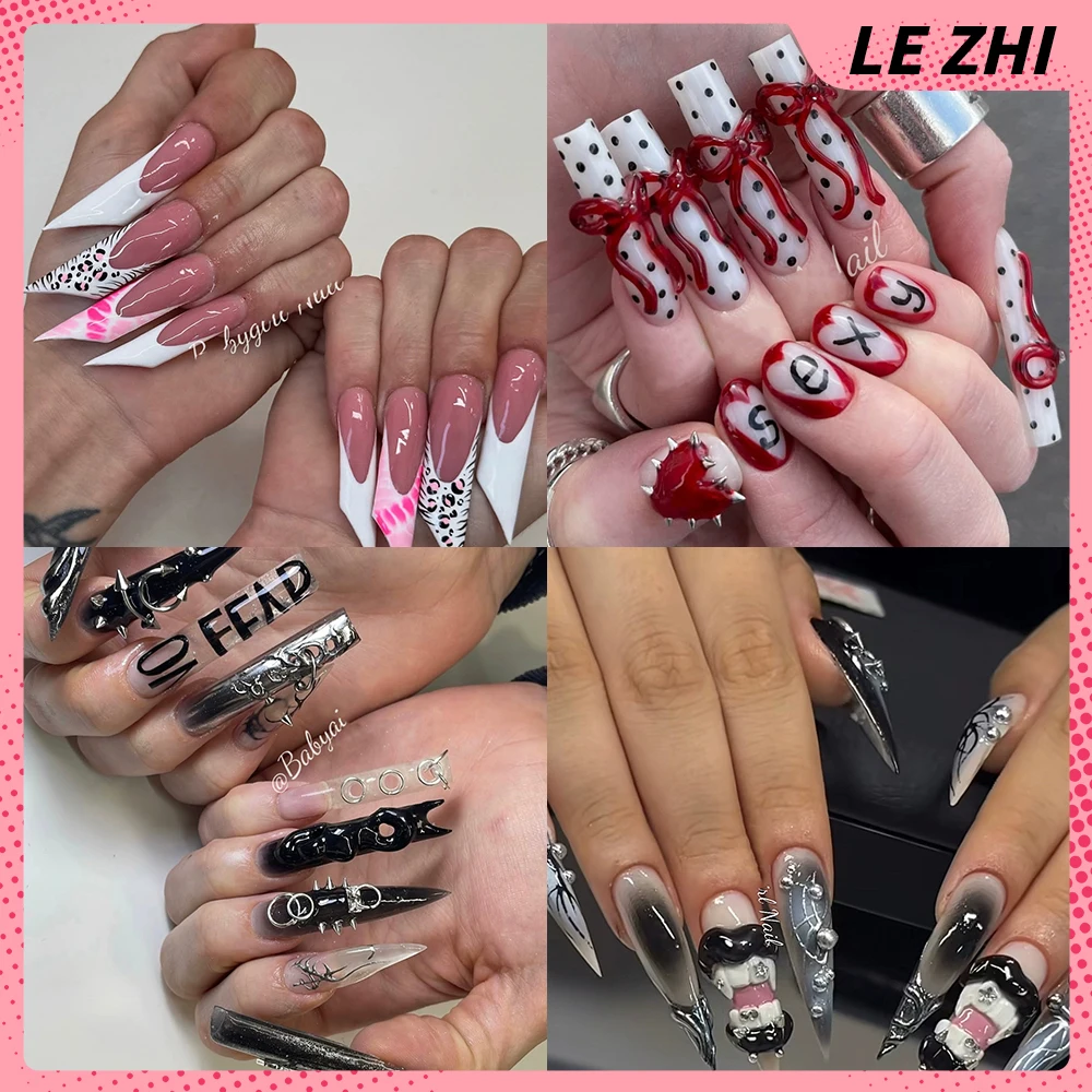 

Spice Girls Europe America Handmade Long Square Wearable Press On Nails Heavy Metal Magic Mirror Powder Diamond Bow Fake Nails