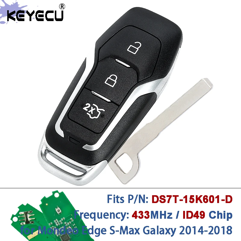 KEYECU DS7T-15K601-D 433MHz ID49 رقاقة 3 أزرار الذكية التحكم عن بعد مفتاح السيارة لفورد مونديو إيدج S-Max غالاكسي 2014-2018 #1
