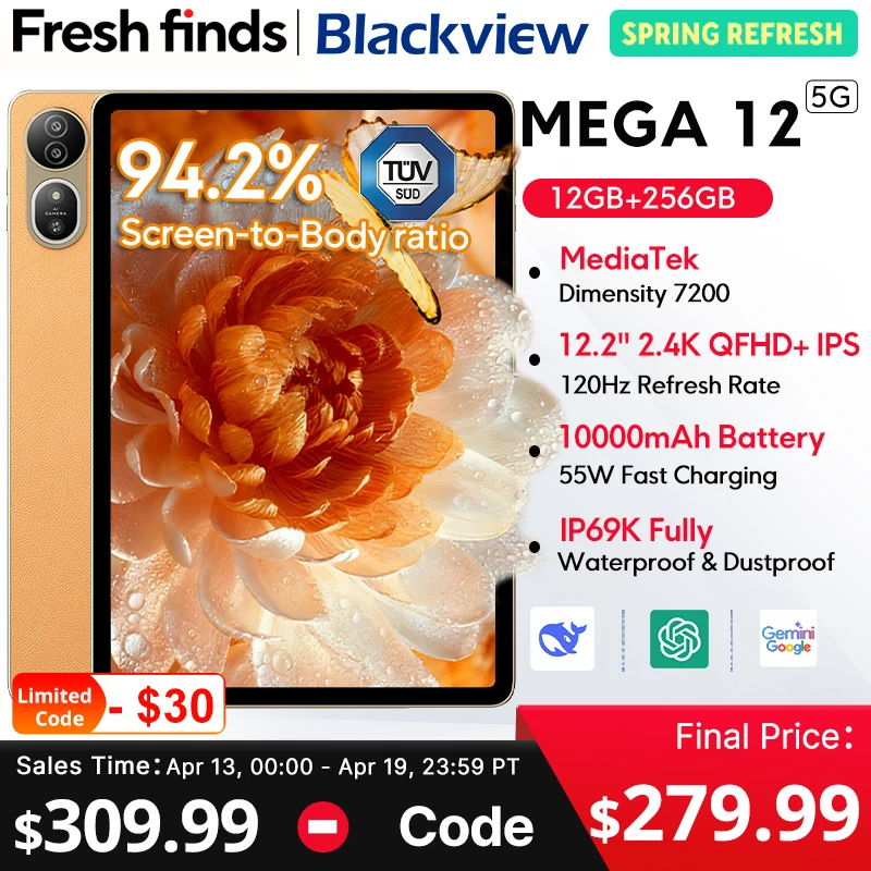 

Blackview MEGA 12 Tablet 5G Dimensity 7200 CPU 12.2" 2.4K 120Hz Display IP69K Waterproof 50MP 10000mAh Pad PC