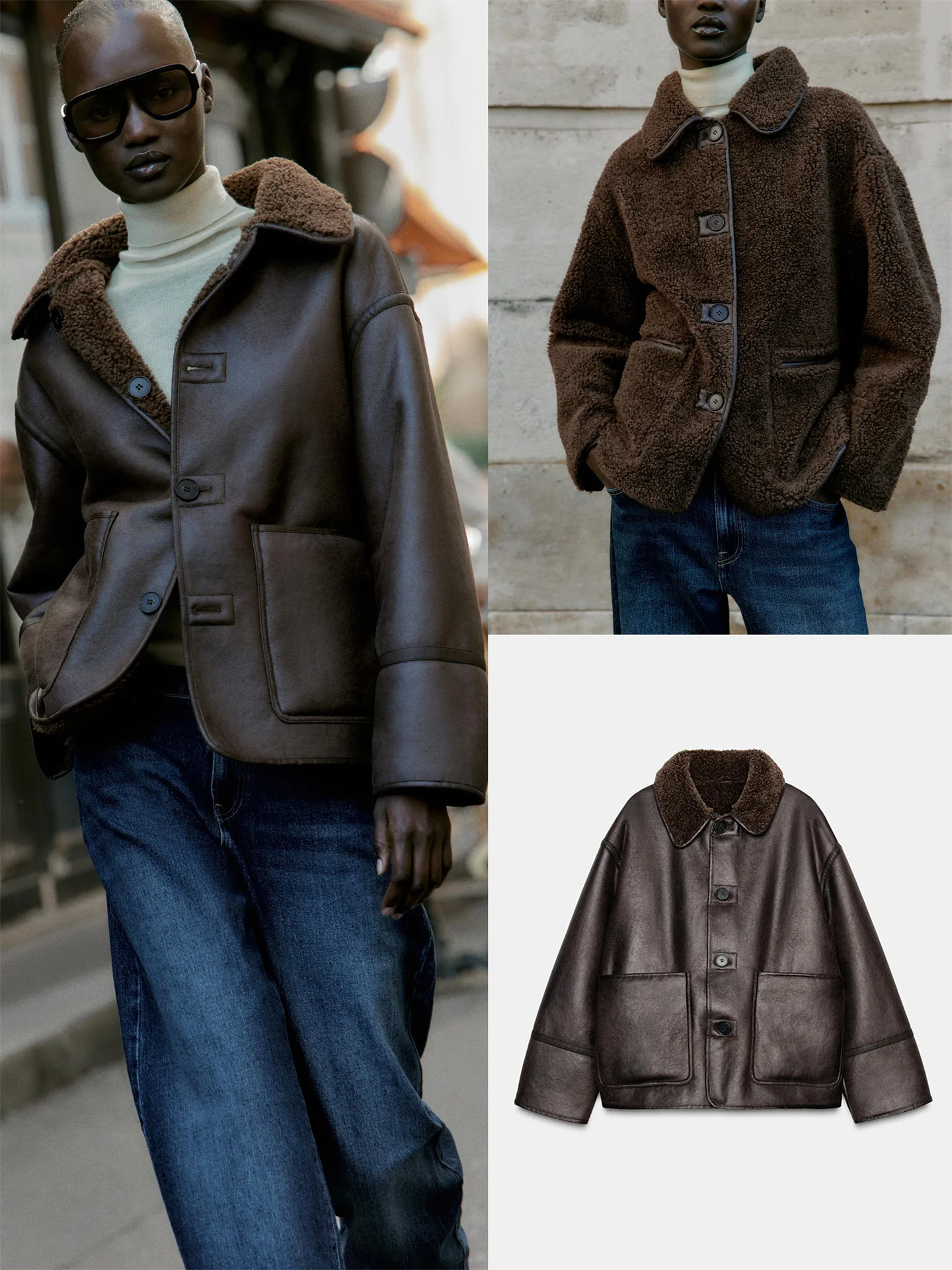 

Faionable двустороннее свободное кожаное пальто из овечьего меха, женское пальто Sli для поездок на работу, теплая синтетическая кожа