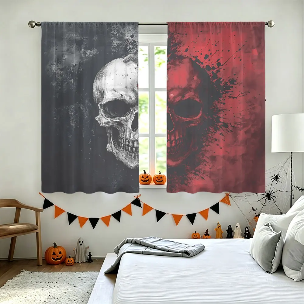 2Pcs Red Black Contrast Skull Print Rod Pocket Curtains, Privacy Window Blinds for Living Room Bedroom, Door Curtain, Stylish