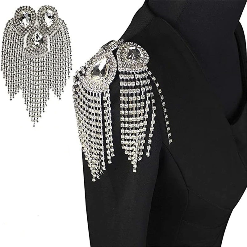 Beaded Diamond Waterdrop Design Patches Crystal Fringe Tassel Rhinestones Shoulder Badges Brooches Women Dress Applique