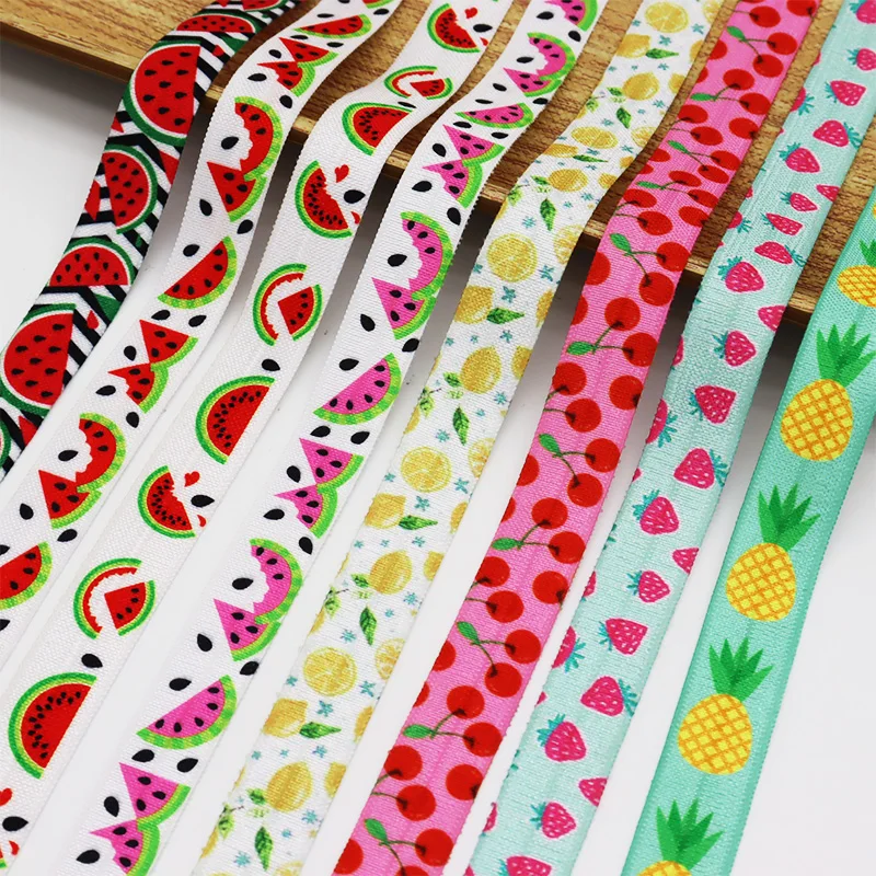 

5/8" 15mm Lemon Pineapple Strawberry Cherry Watermelon Fruit Print FOE Spandex Fold Over Elastic For Bracelet Sewing Trim