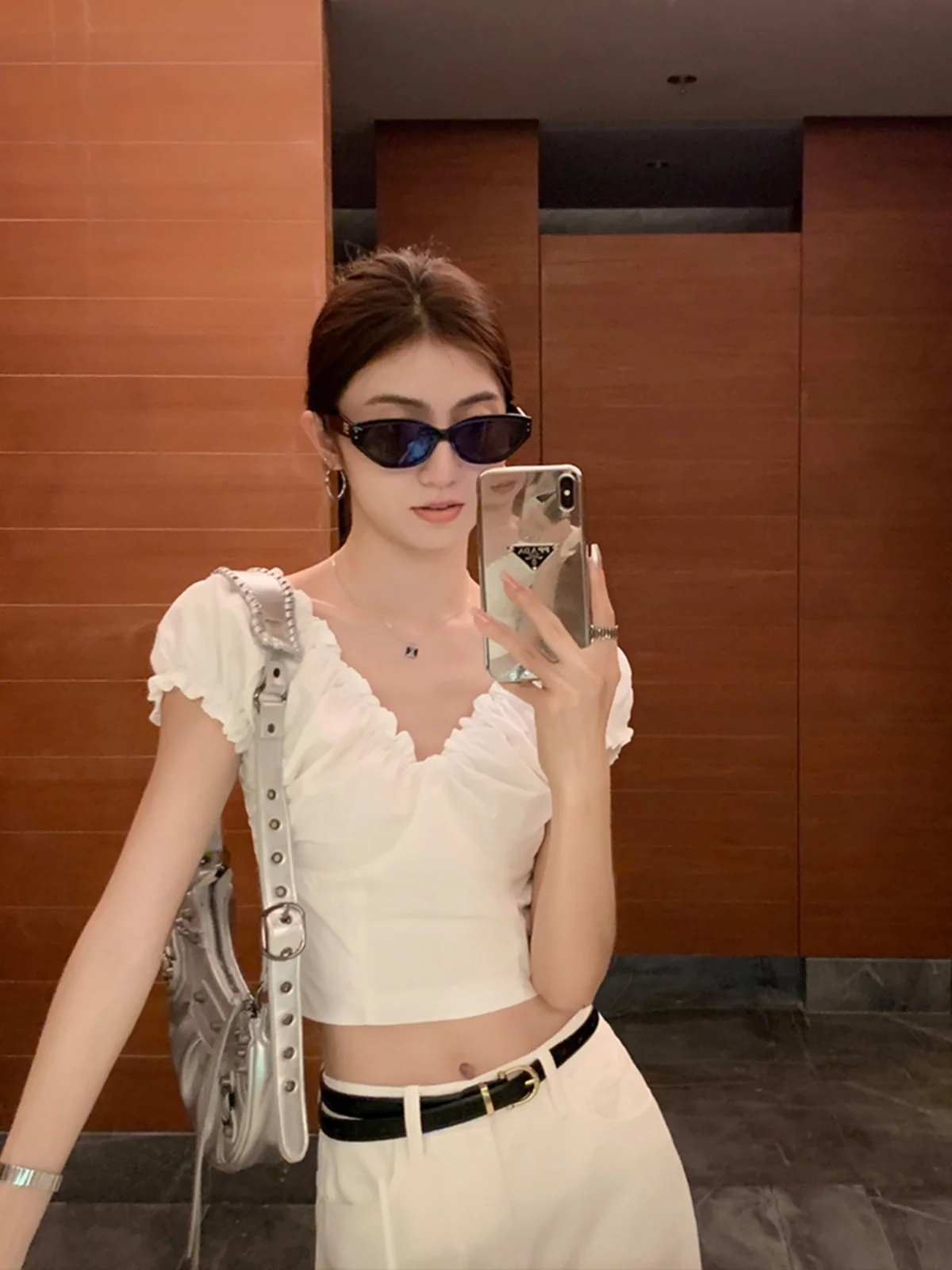 

Женский укороченный топ Mulvan ort Sve irt V-Ne Puffy Sve с застежкой на талии, хлопковая смесь, летний дизайн, повседневная одежда Sensation