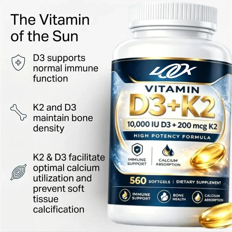 Nutritional Vitamin D3 K2 10000 IU (125 Micrograms) Containing MK-7- Efficient Bone and Immune Support 60 Capsules