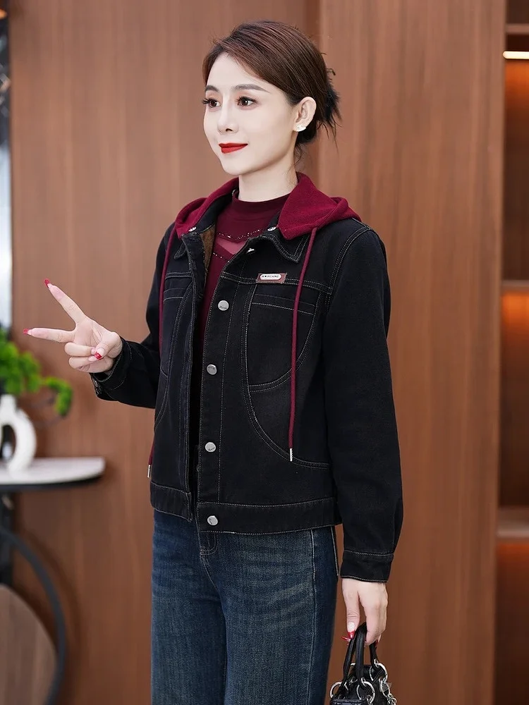 

Waed Denim Jaet Women's Spring 2025 New Sle Fce Lined Thiened Hooded Slimming Youthful Jeans Outerwear